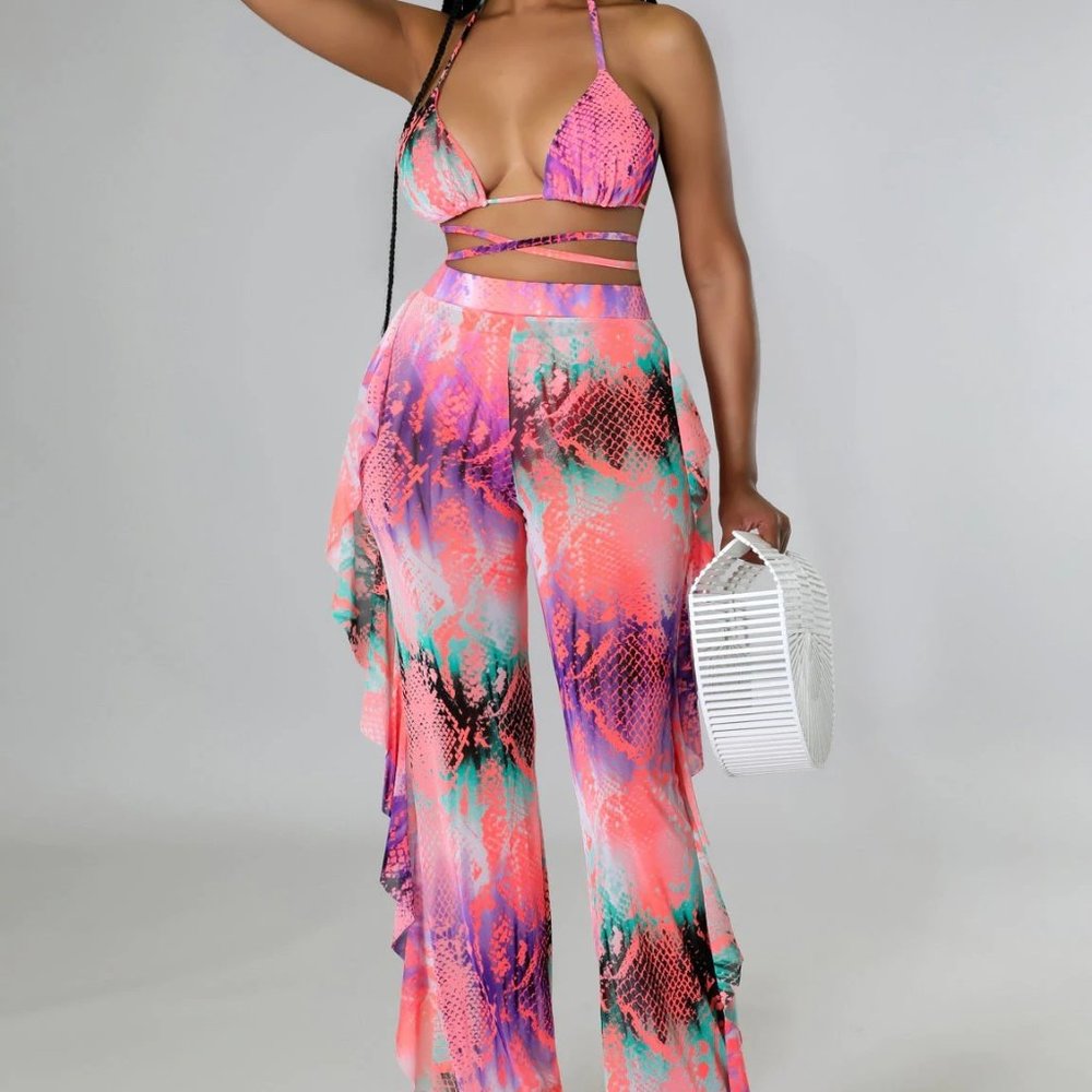 3 Piece Pink Snake Print Swim Set